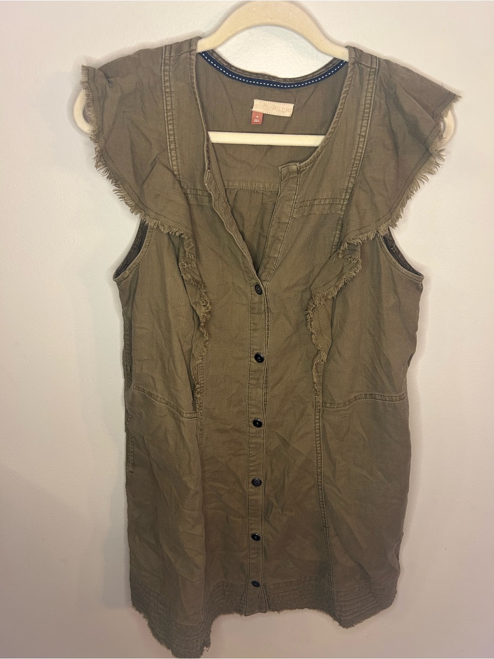 Anthropologie Olive Green Sleeveless Button-Front Mini Dress